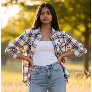 truly girls plaid buton shirt size L girls  pink gray long sleeve flannel style